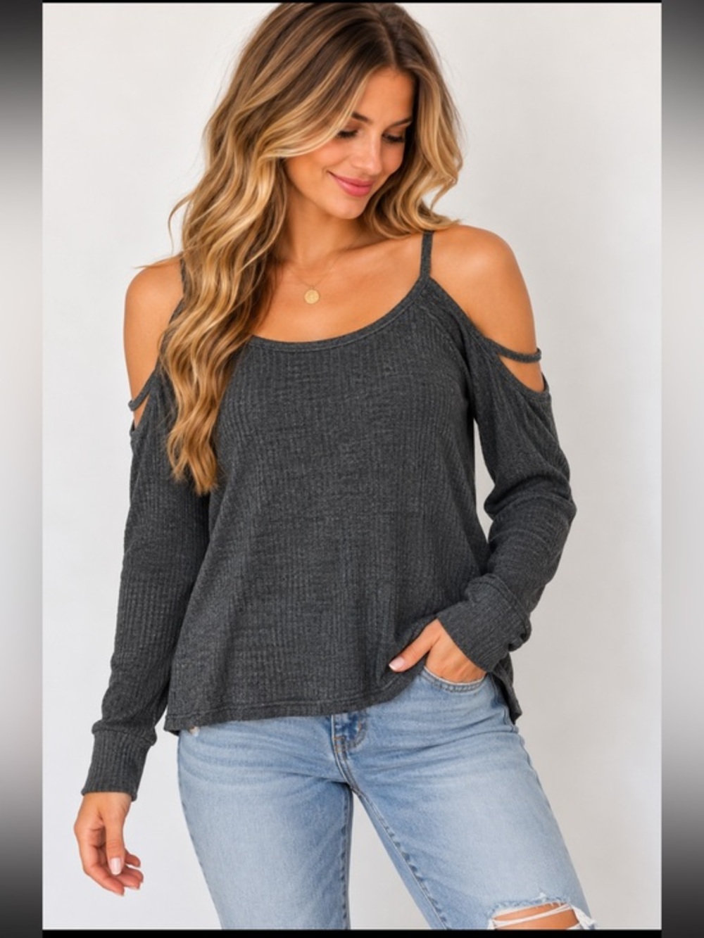 Coverstitched Charcoal Gray Cold Shoulder Long Sleeve Top Size Small